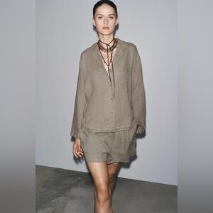 Zara Blogger’s Fav 100% Linen Button Down Shirt in Taupe Sz X-Large